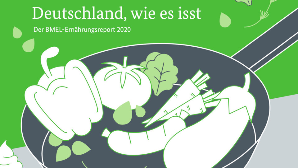 Gezeichnete Darstellung einer Pfanne mit Gemüse und Wurst - darüber der Titel des Reports 2020