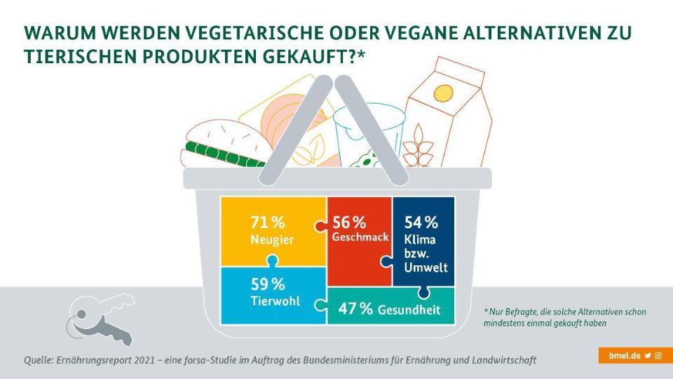 Gezeichnete Darstellung eines Korbs, gefüllt mit pflanzlichen Alternativen für Burger, Aufschnitt, Joghurt und Pflanzendrink 